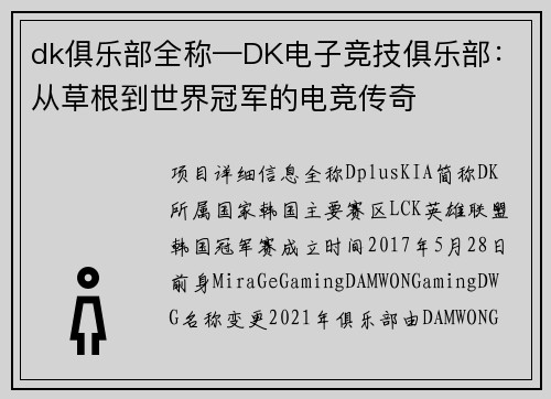 dk俱乐部全称—DK电子竞技俱乐部：从草根到世界冠军的电竞传奇